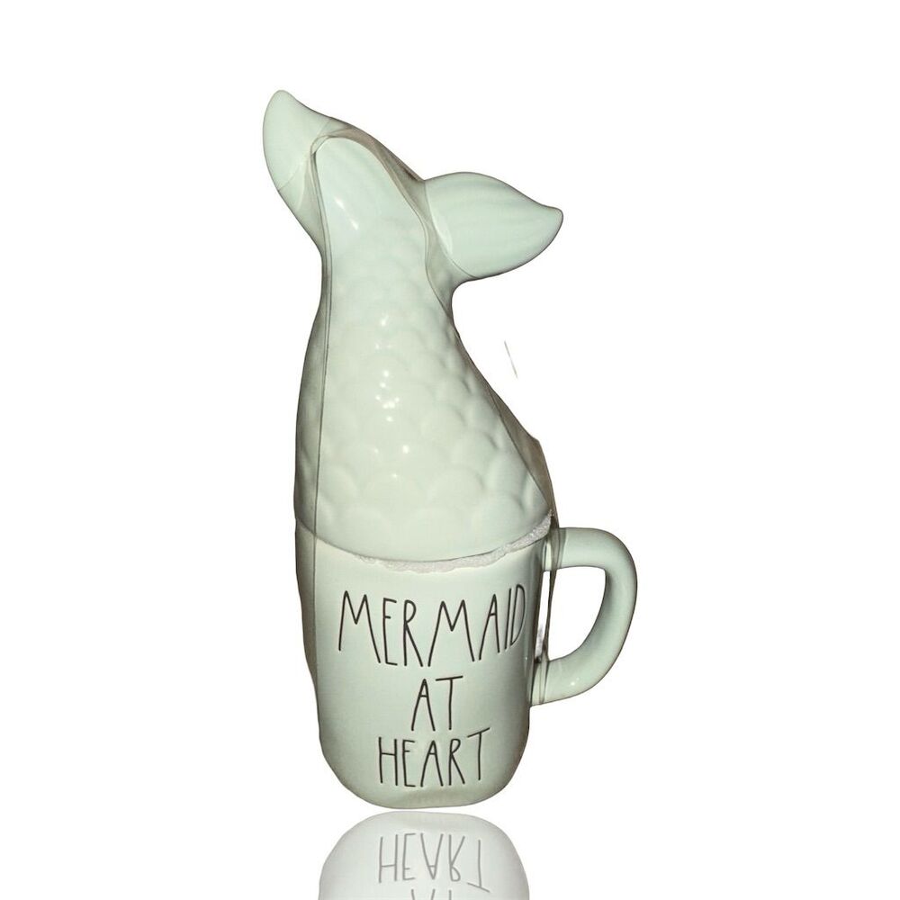Rae Dunn Mermaid at Heart Mug with Tail Lid Green Ceramic 2-Piece Set: NEW